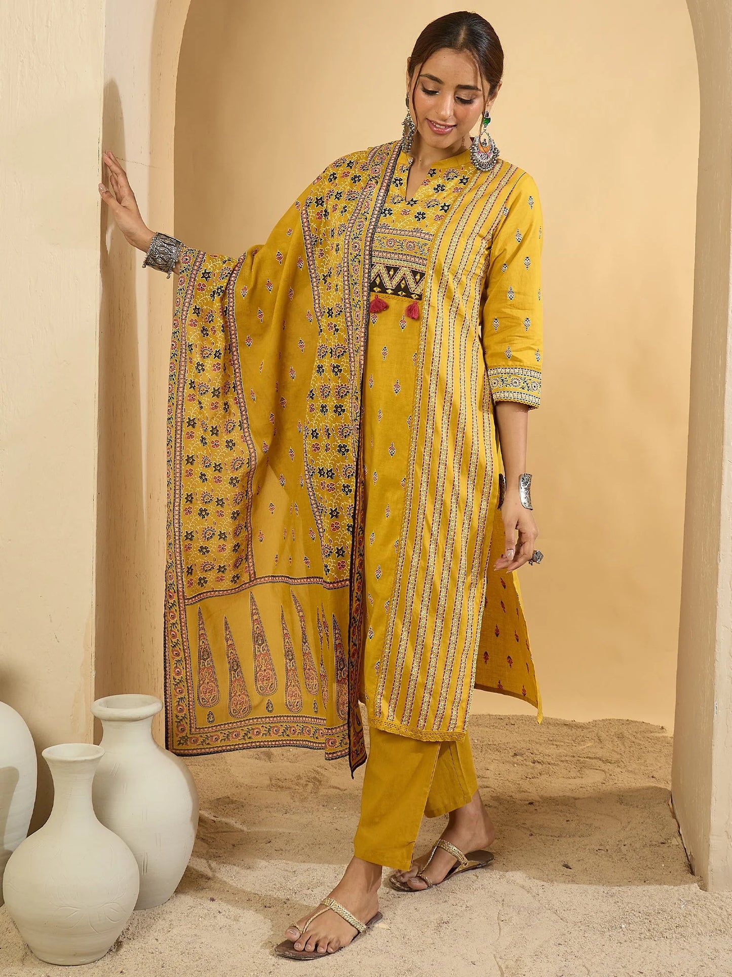 Vibrant Mustard Yellow Hand Block Printed Cotton Kurta Set with Dupatta