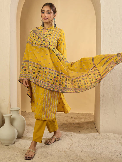 Vibrant Mustard Yellow Hand Block Printed Cotton Kurta Set with Dupatta