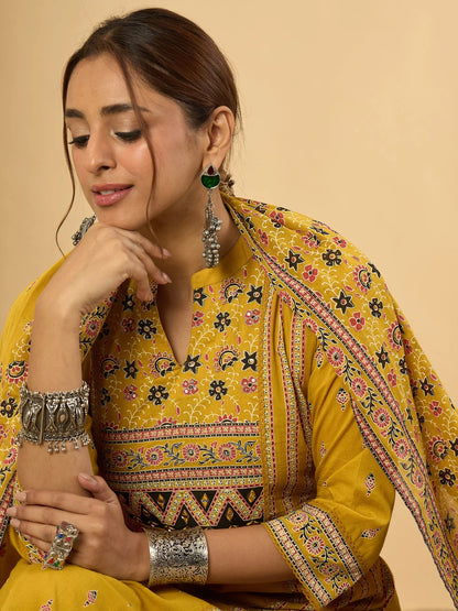 Vibrant Mustard Yellow Hand Block Printed Cotton Kurta Set with Dupatta