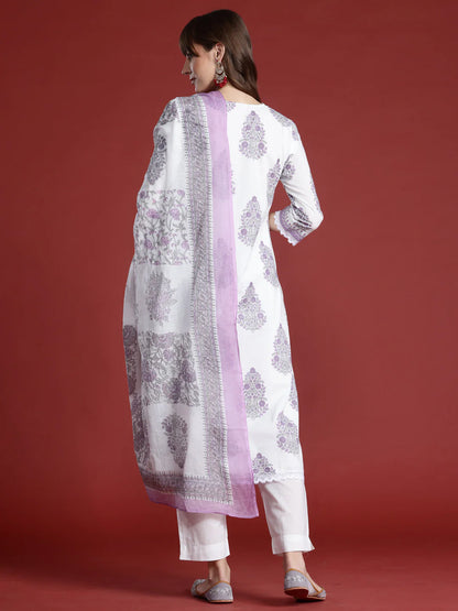 Lavender Printed Cotton Kurta Set with Dupatta
