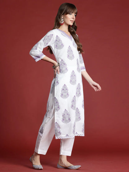 Lavender Printed Cotton Kurta Set with Dupatta