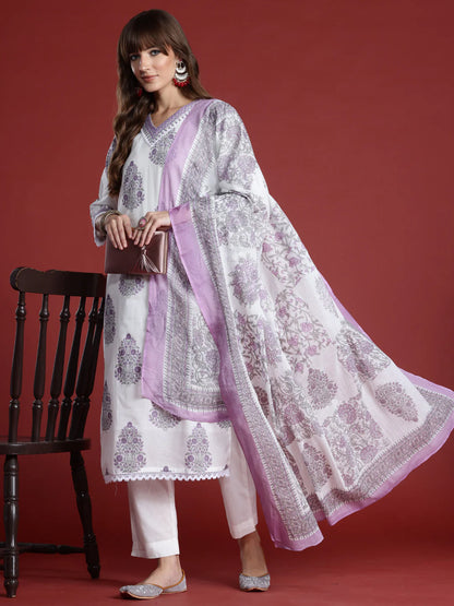 Lavender Printed Cotton Kurta Set with Dupatta