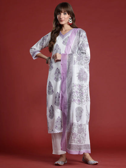 Lavender Printed Cotton Kurta Set with Dupatta