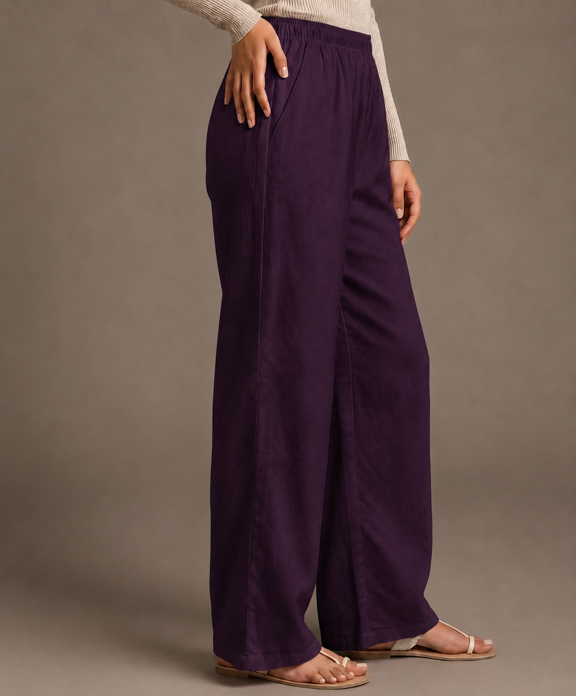 Women's Solid Dark Plum Wide-Leg Pants