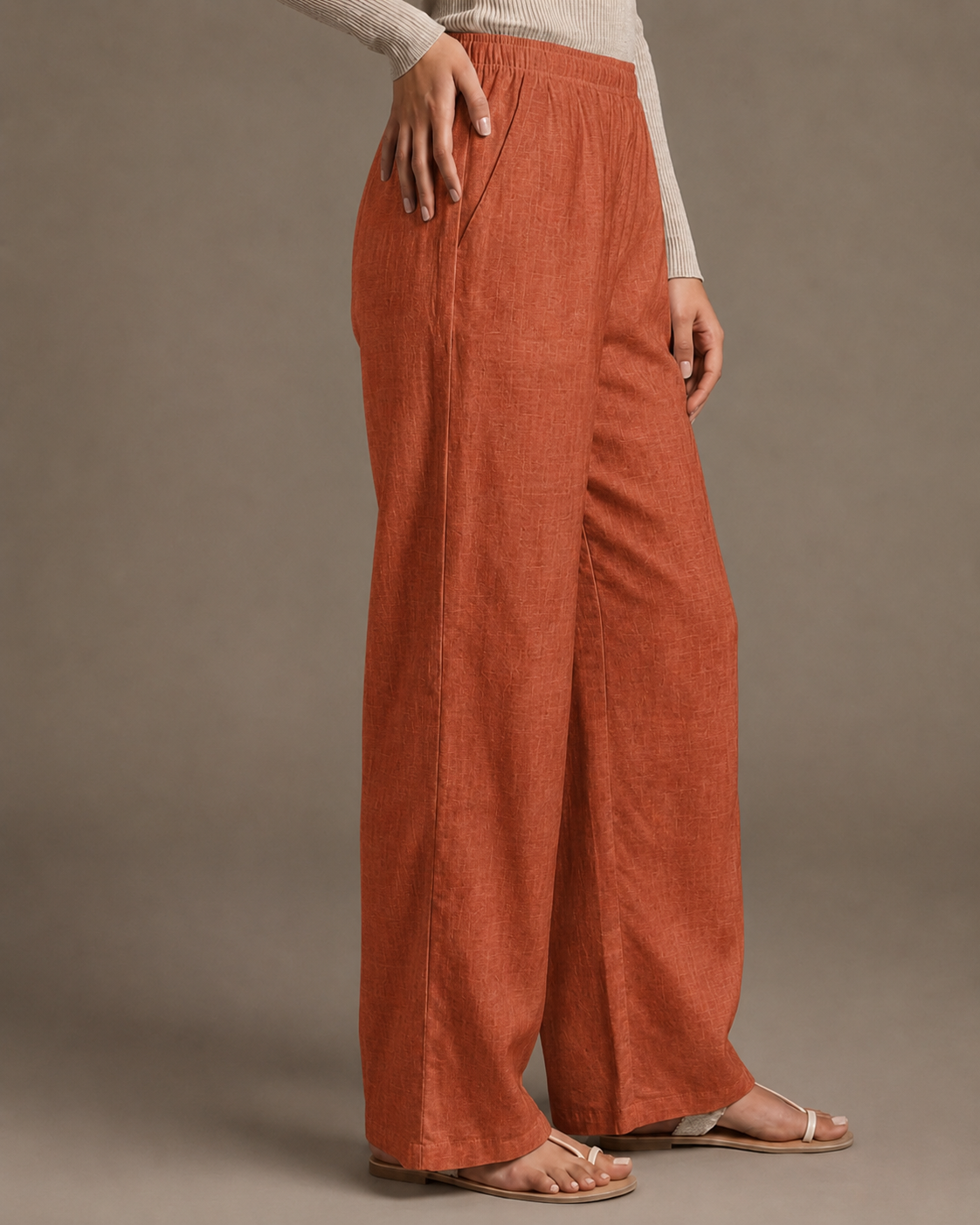 Women's Solid Rust Orange Wide-Leg Pants