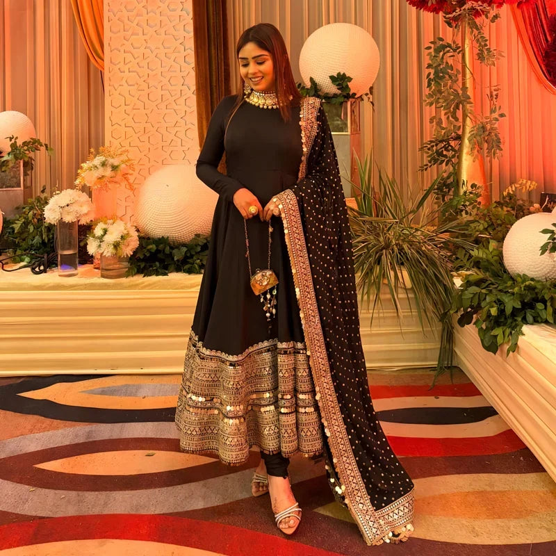 Black & Gold Embroidered Anarkali Kurta Set