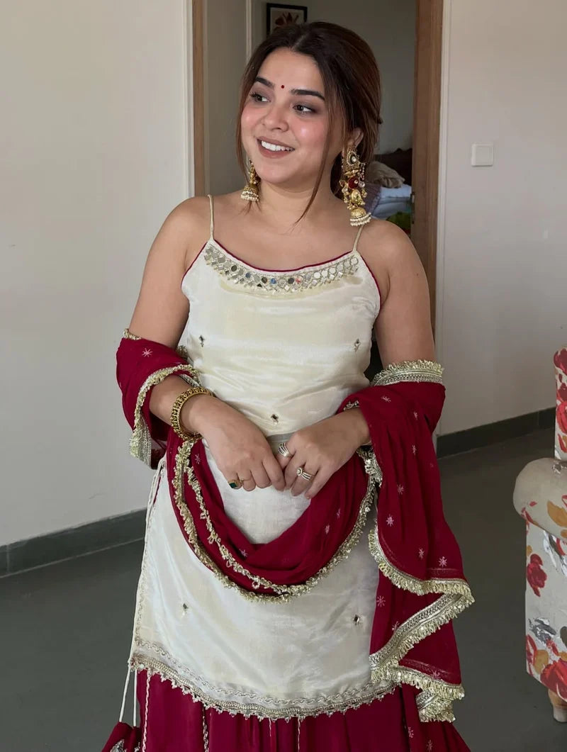 Ivory & Maroon Festive Kurta Skirt Set
