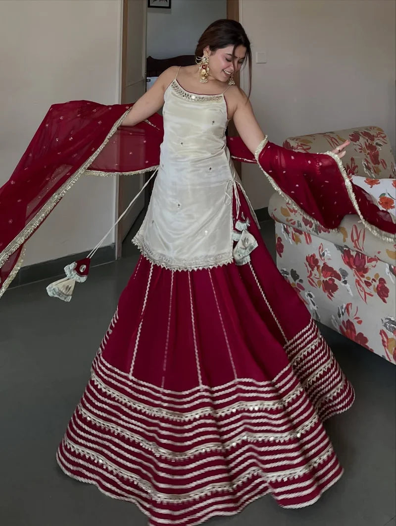 Ivory & Maroon Festive Kurta Skirt Set