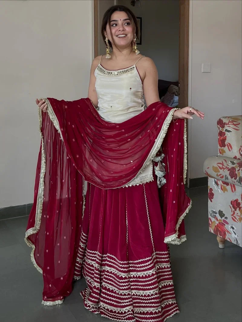 Ivory & Maroon Festive Kurta Skirt Set