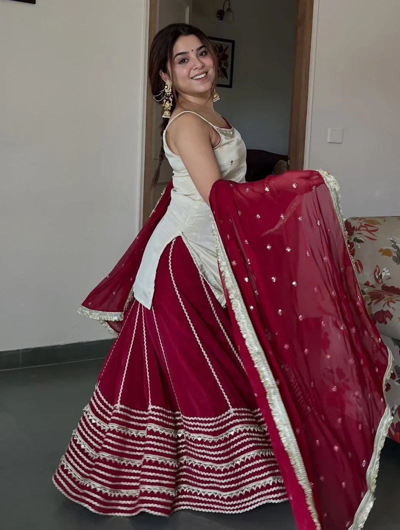 Ivory & Maroon Festive Kurta Skirt Set