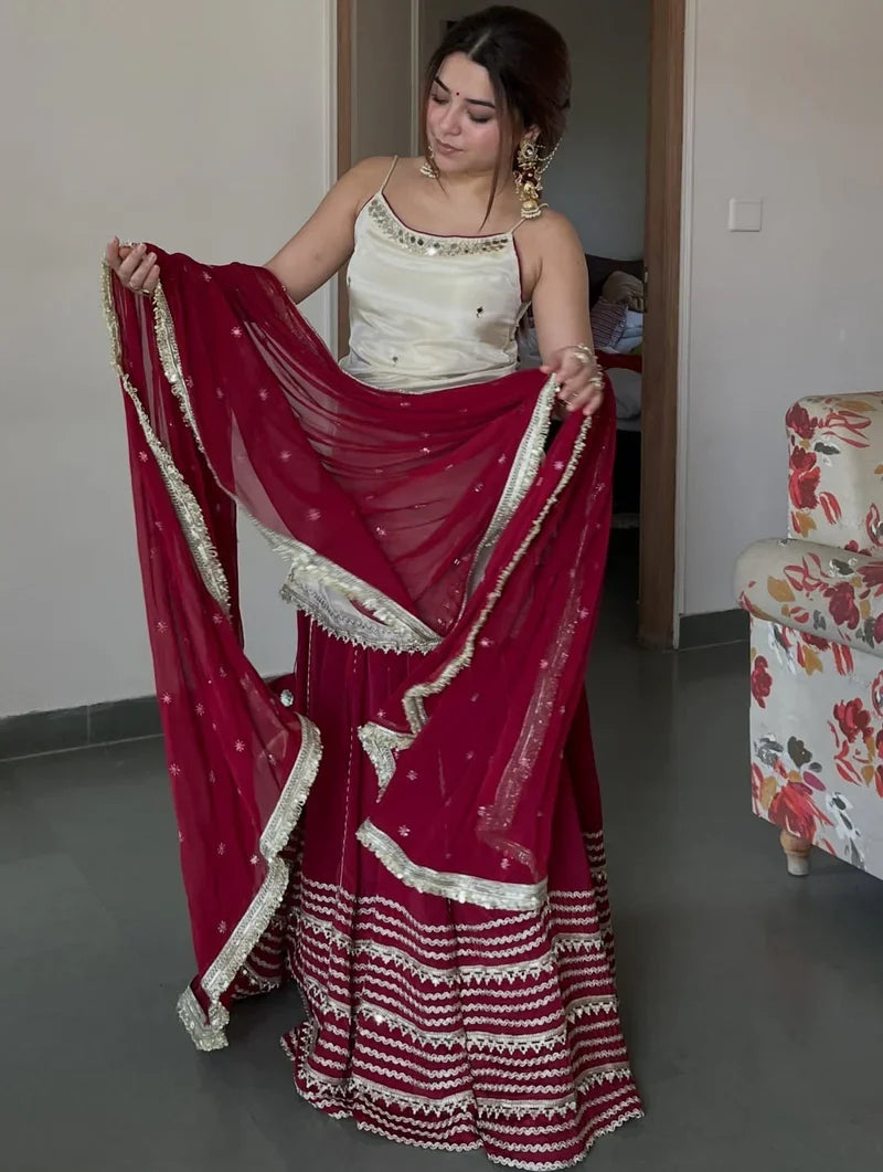 Ivory & Maroon Festive Kurta Skirt Set