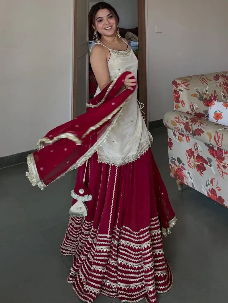 Ivory & Maroon Festive Kurta Skirt Set