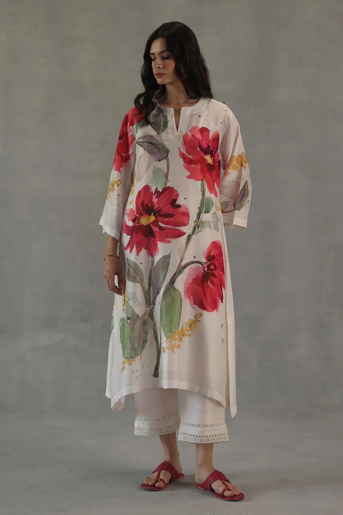 Ivory Poppy Hand-Painted Kurta Set