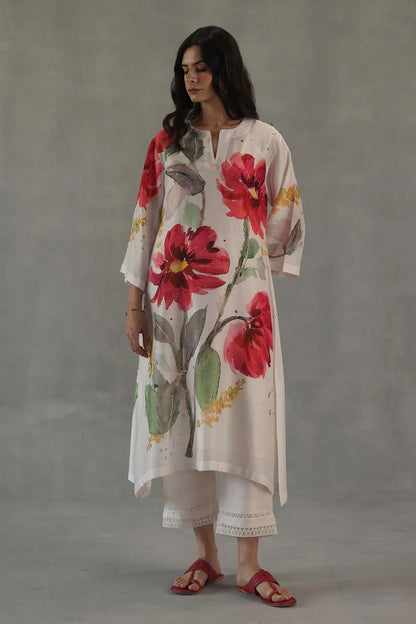 Ivory Poppy Hand-Painted Kurta Set