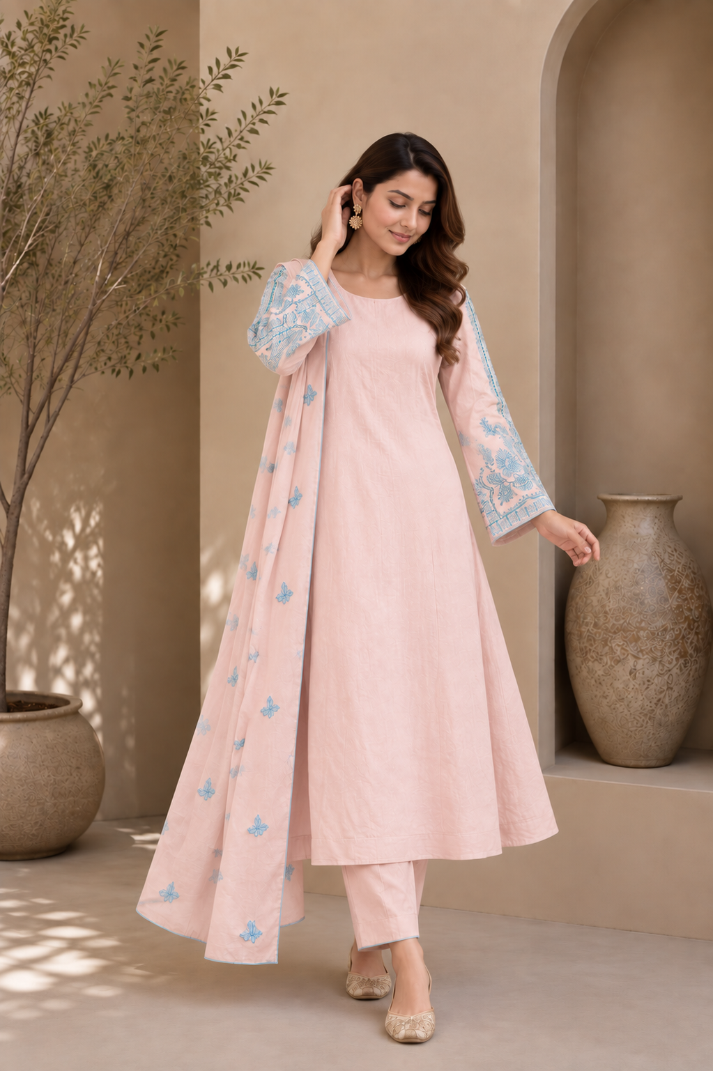 Baby Pink & Sky Blue Embroidered Kurta Set