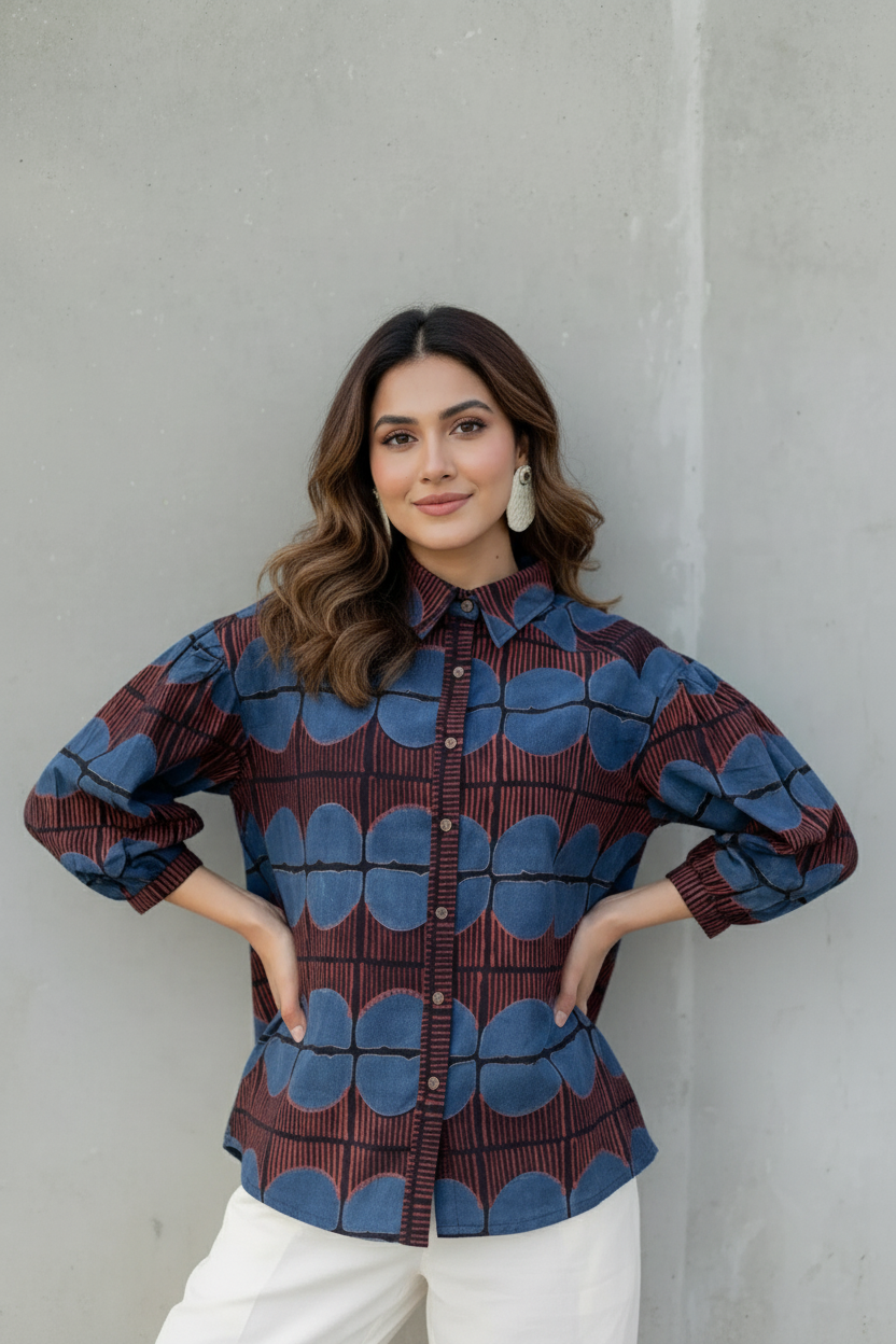 Maroon & Blue Printed Collared Shirt
