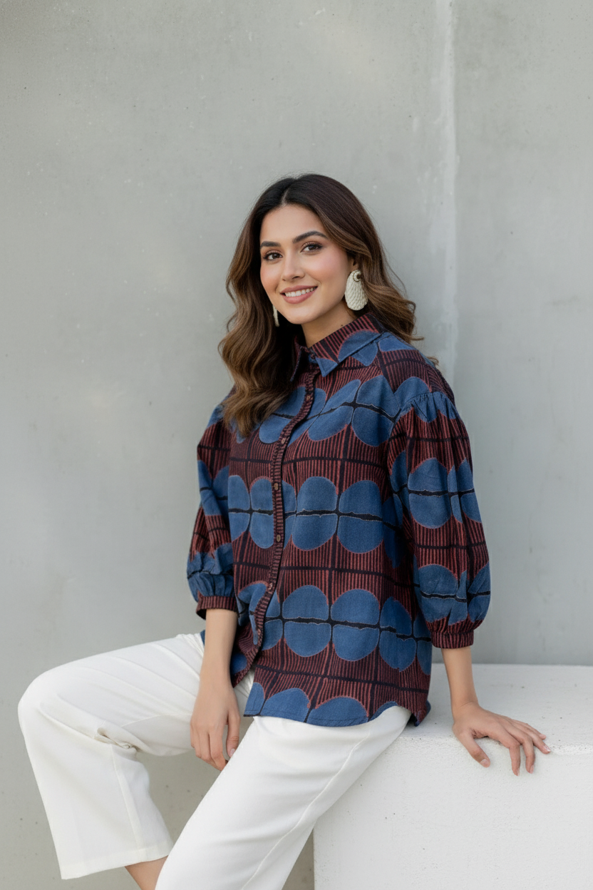 Maroon & Blue Printed Collared Shirt