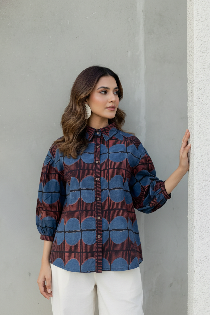 Maroon & Blue Printed Collared Shirt