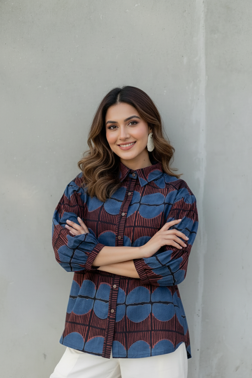 Maroon & Blue Printed Collared Shirt