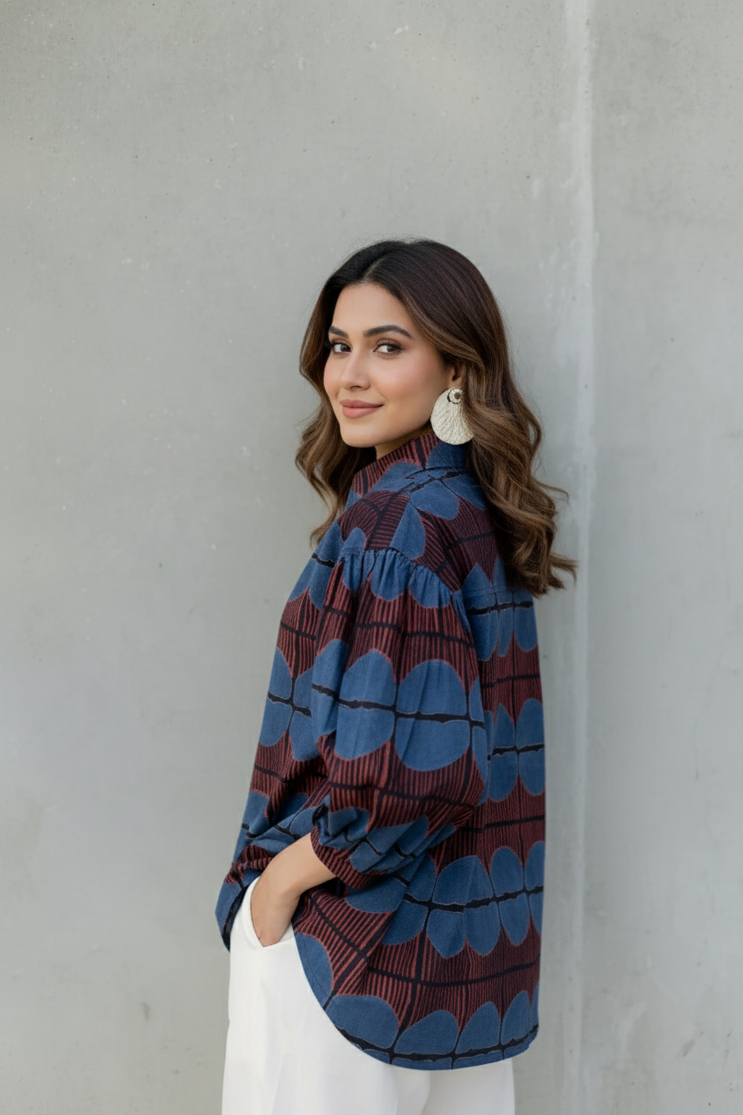 Maroon & Blue Printed Collared Shirt
