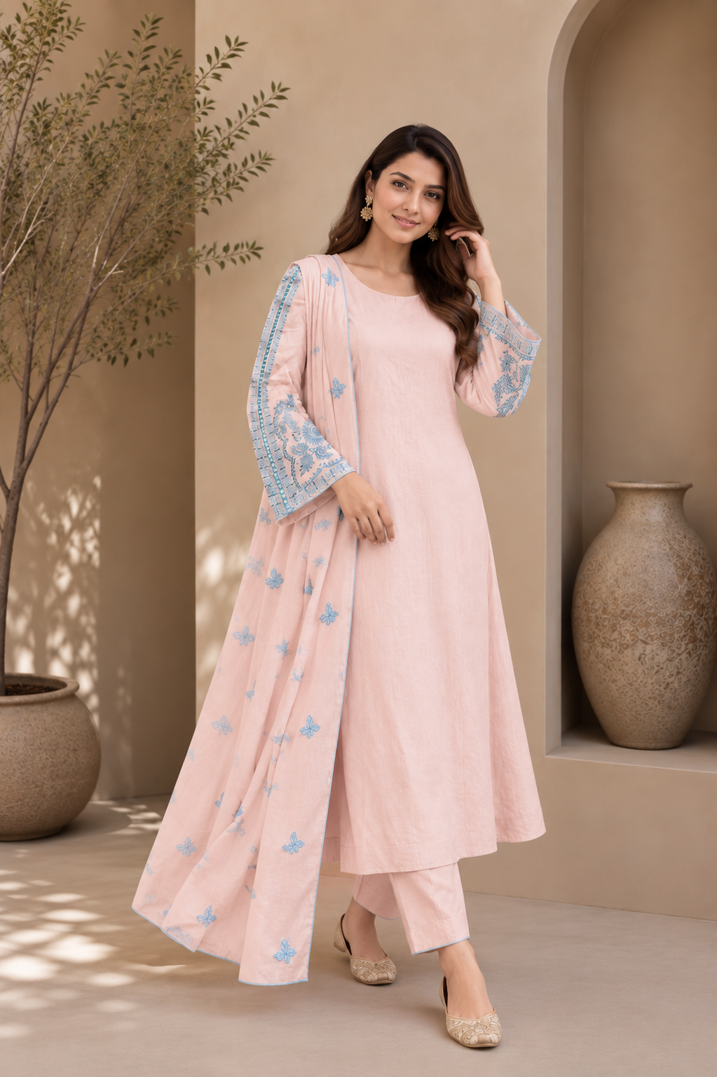 Baby Pink & Sky Blue Embroidered Kurta Set
