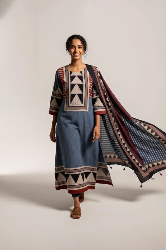 Indigo & Maroon Geometric Print Cotton Kurta With Dupatta