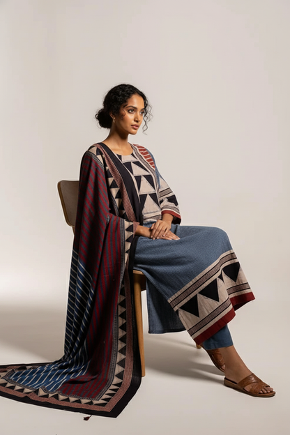 Indigo & Maroon Geometric Print Cotton Kurta With Dupatta