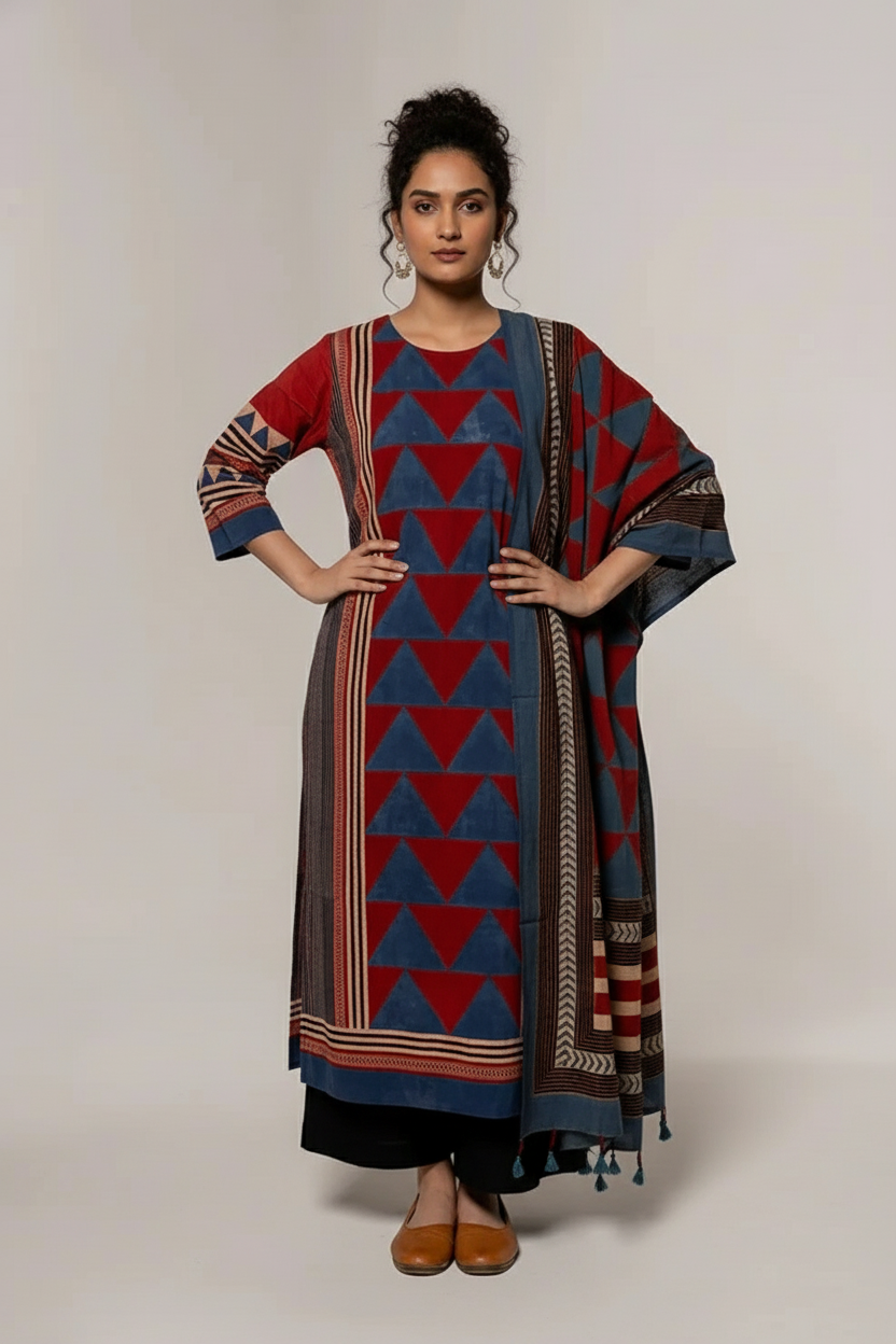 Red & Blue Geometric Block Print Cotton Kurta Set with Dupatta