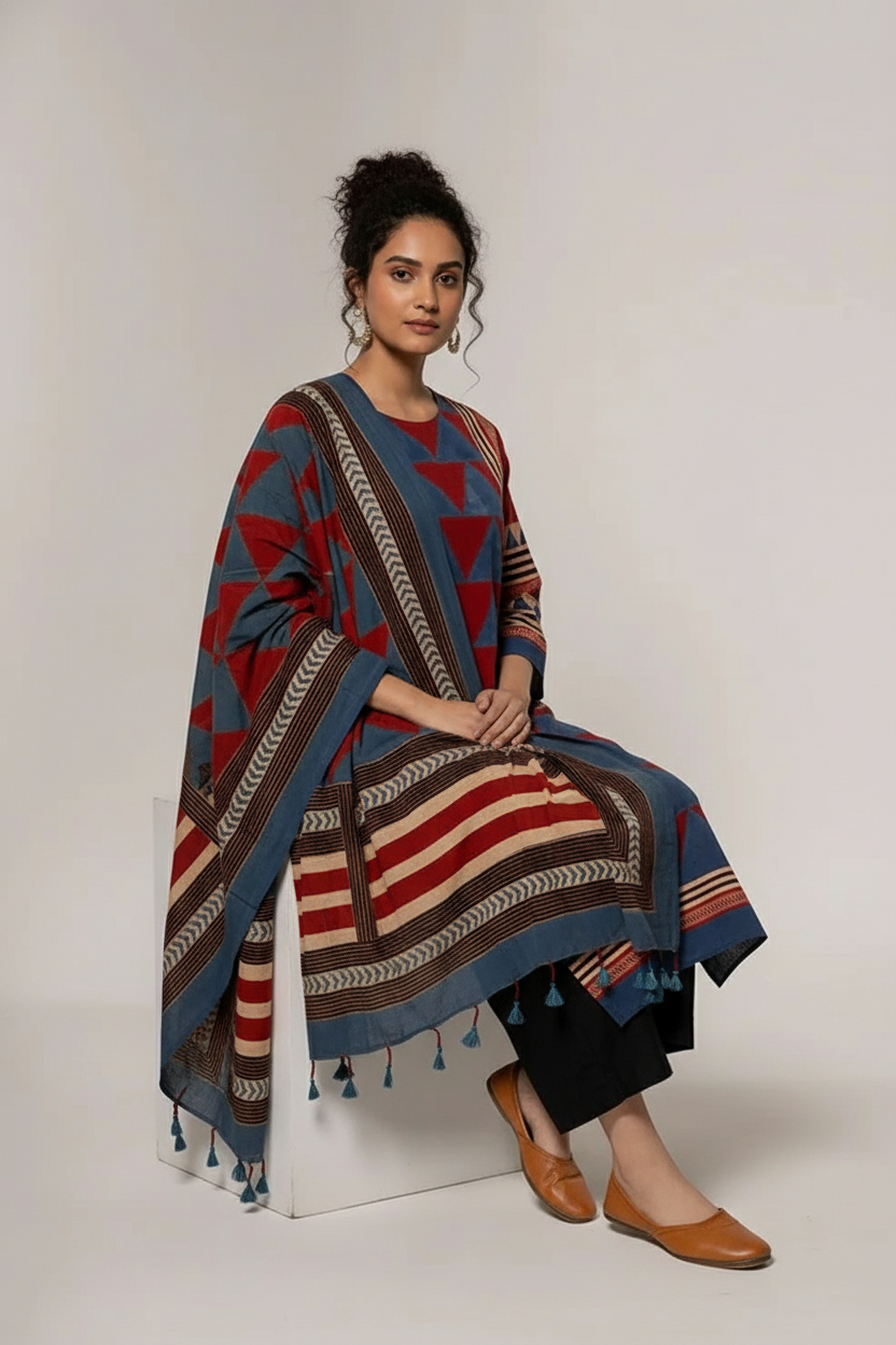 Red & Blue Geometric Block Print Cotton Kurta Set with Dupatta