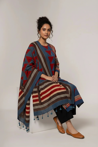 Red & Blue Geometric Block Print Cotton Kurta Set with Dupatta