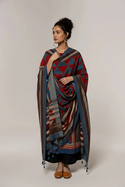 Red & Blue Geometric Block Print Cotton Kurta Set with Dupatta