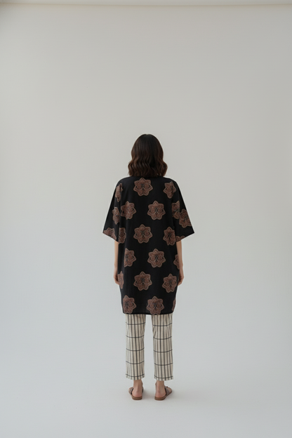 Black Printed Cotton Kurta with Beige Striped Pants – Casual Summer Set