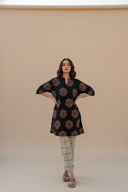 Black Printed Cotton Kurta with Beige Striped Pants – Casual Summer Set
