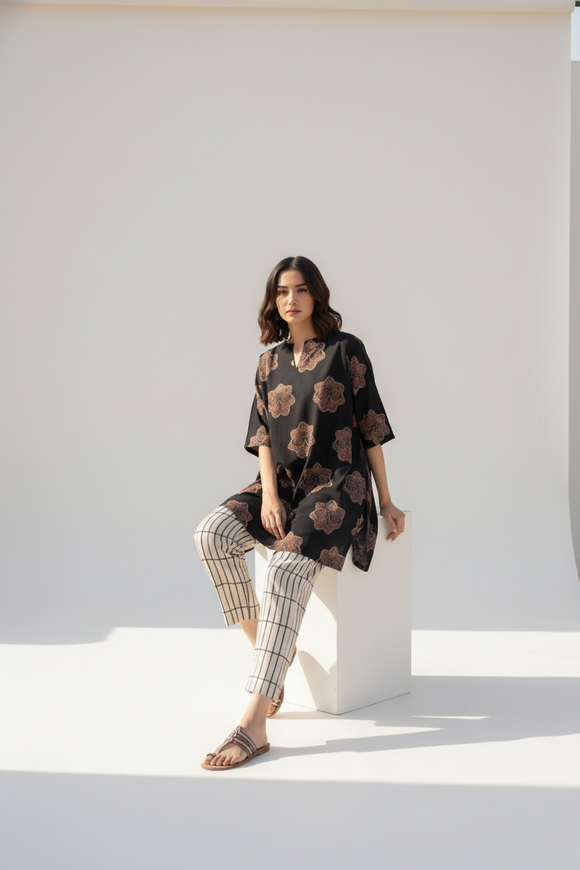 Black Printed Cotton Kurta with Beige Striped Pants – Casual Summer Set