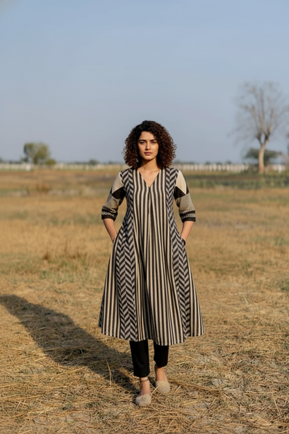 Beige & Black Striped Print Cotton A-Line Kurta