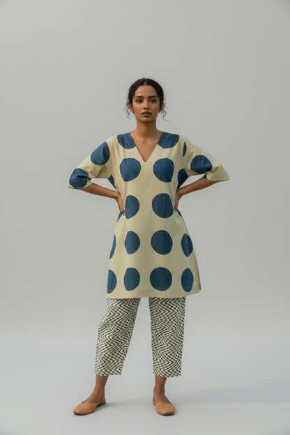 Beige & Indigo Polka Dot Cotton Kaftan Top with Printed Pants Co-ord Set