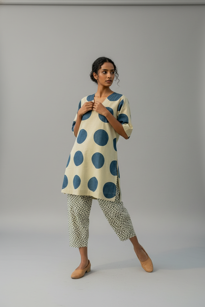 Beige & Indigo Polka Dot Cotton Kaftan Top with Printed Pants Co-ord Set
