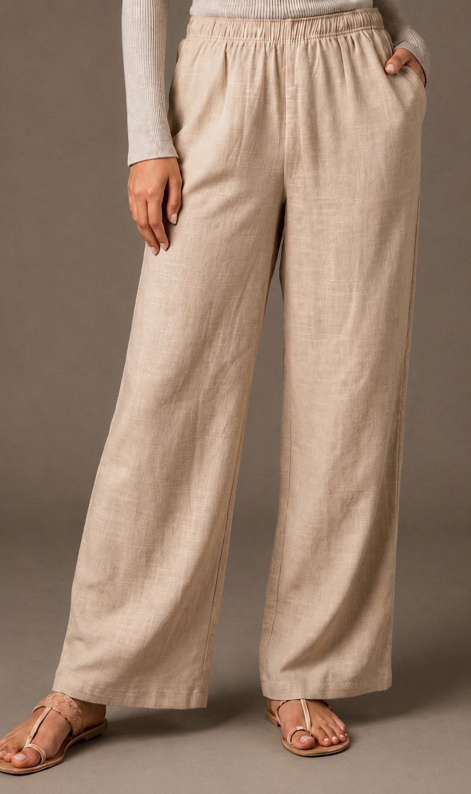 Women's Solid Beige Wide-Leg Pants