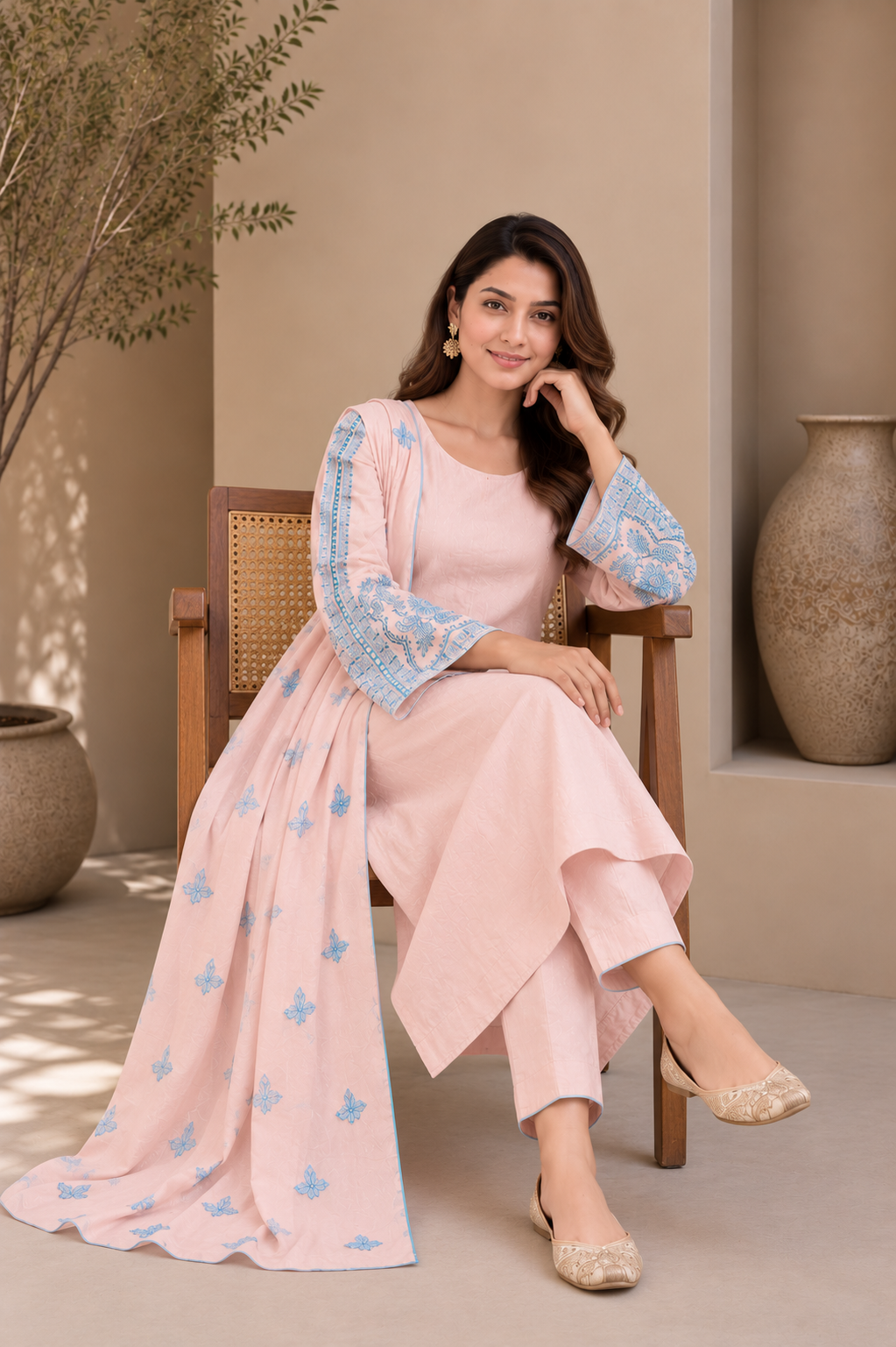 Baby Pink & Sky Blue Embroidered Kurta Set