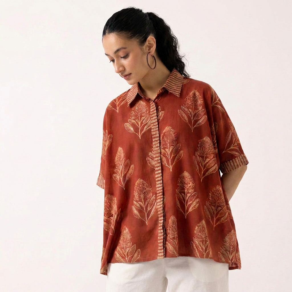 Women's Rust Leaf Print Cotton Oversized Shirt