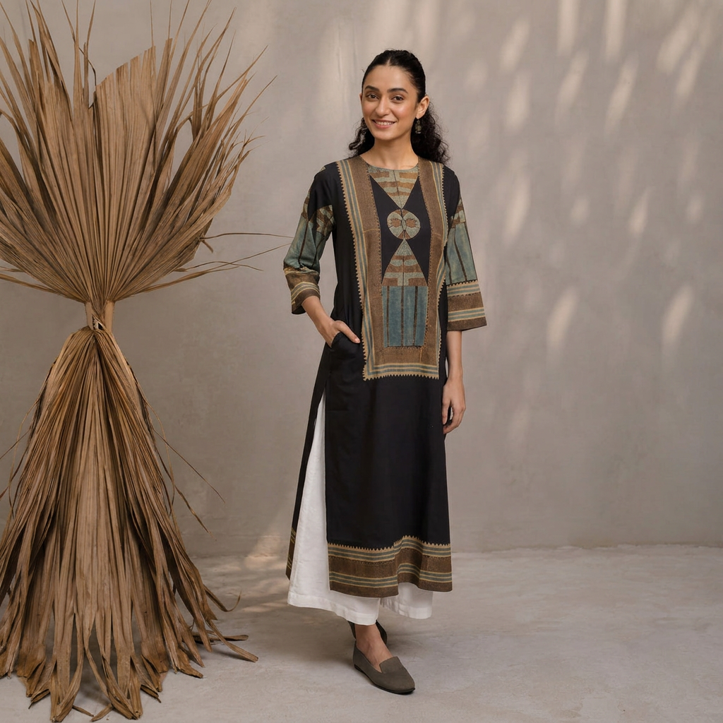 Women's Black Printed Cotton Kurta