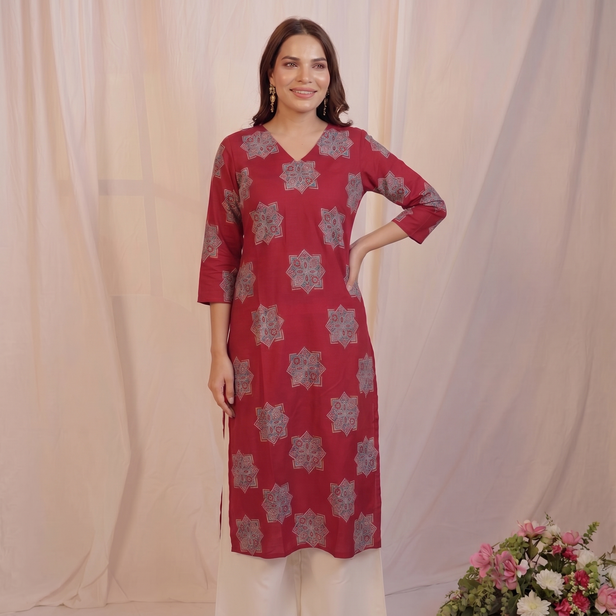 maroon straight-fit kurta