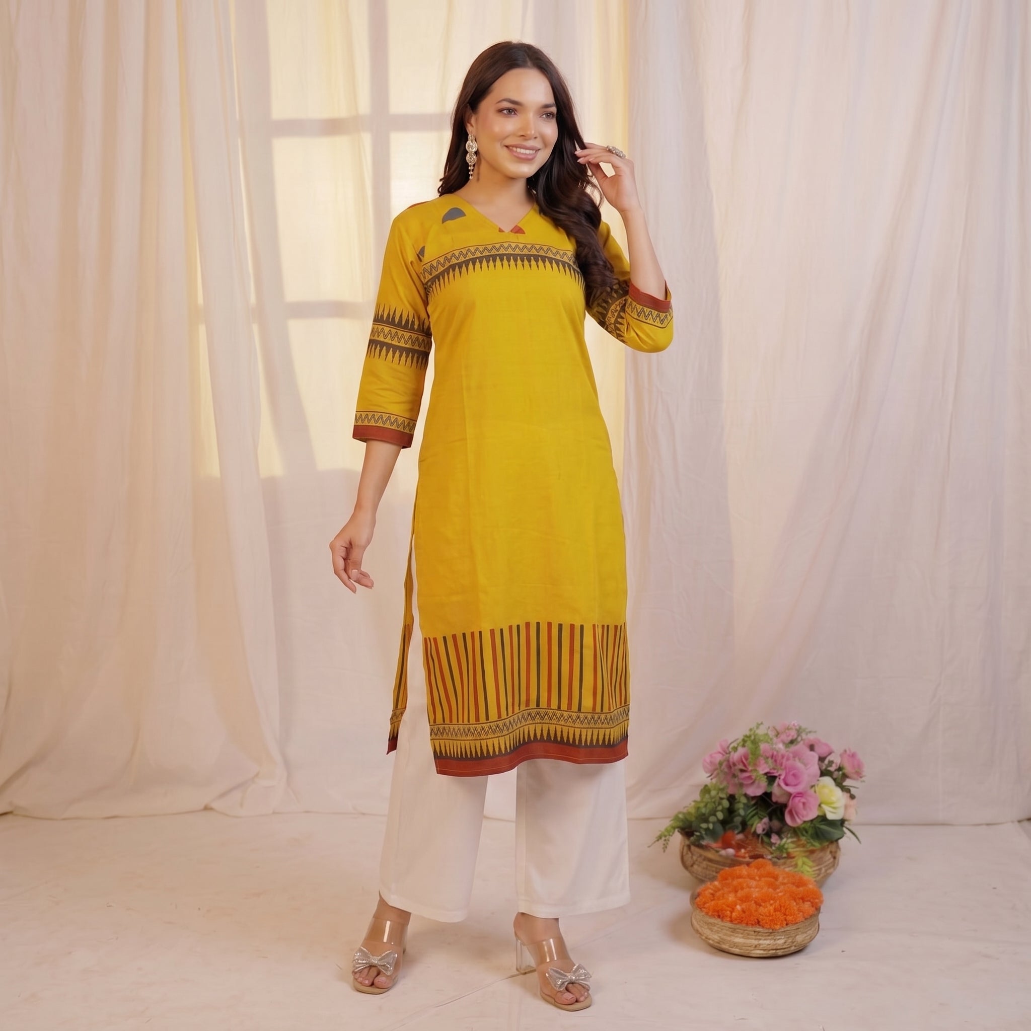mustard yellow printed kurti