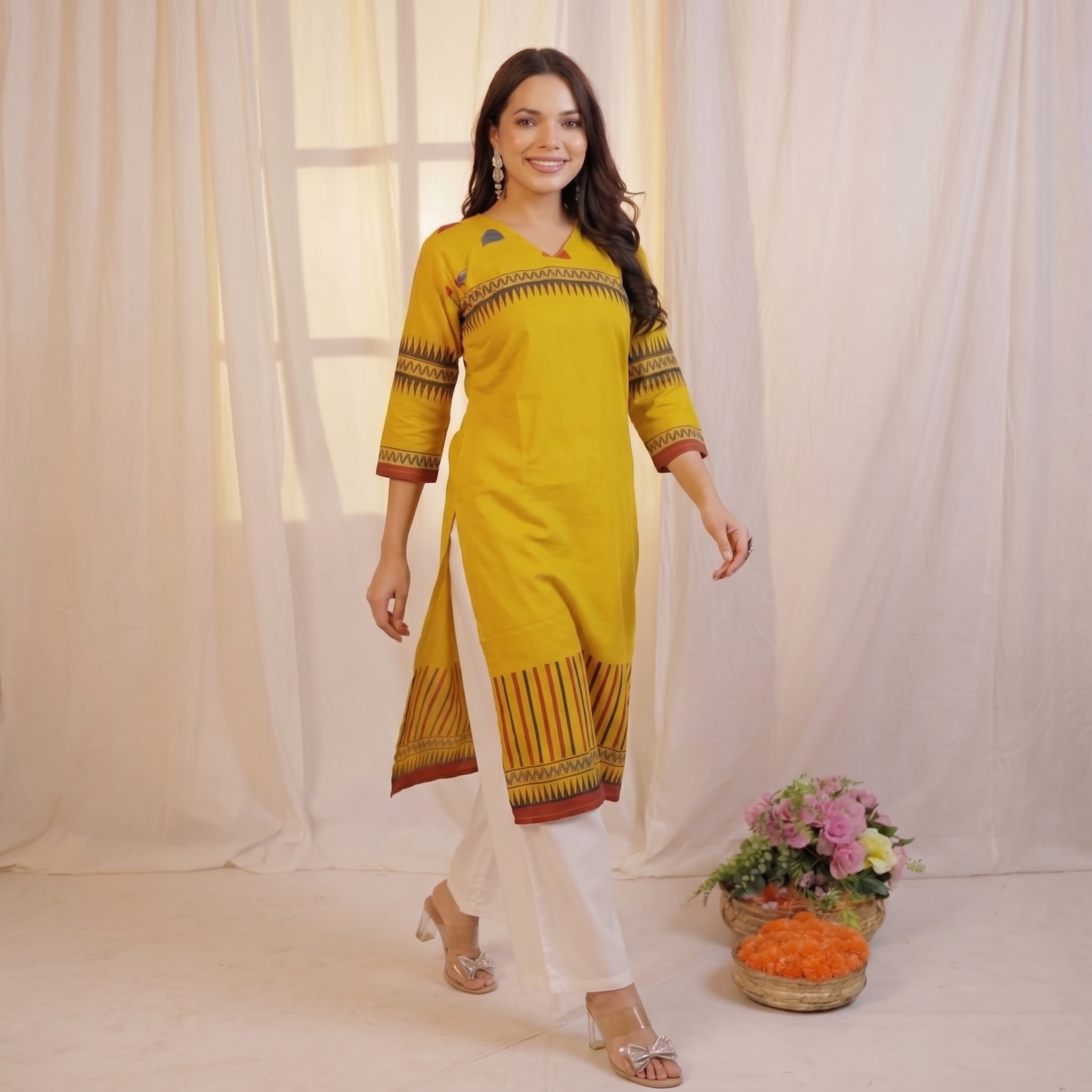 mustard yellow printed kurti
