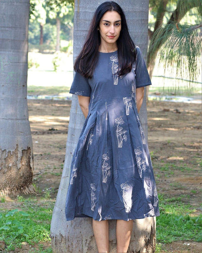 Slate Blue Botanical Print Pleated Dress