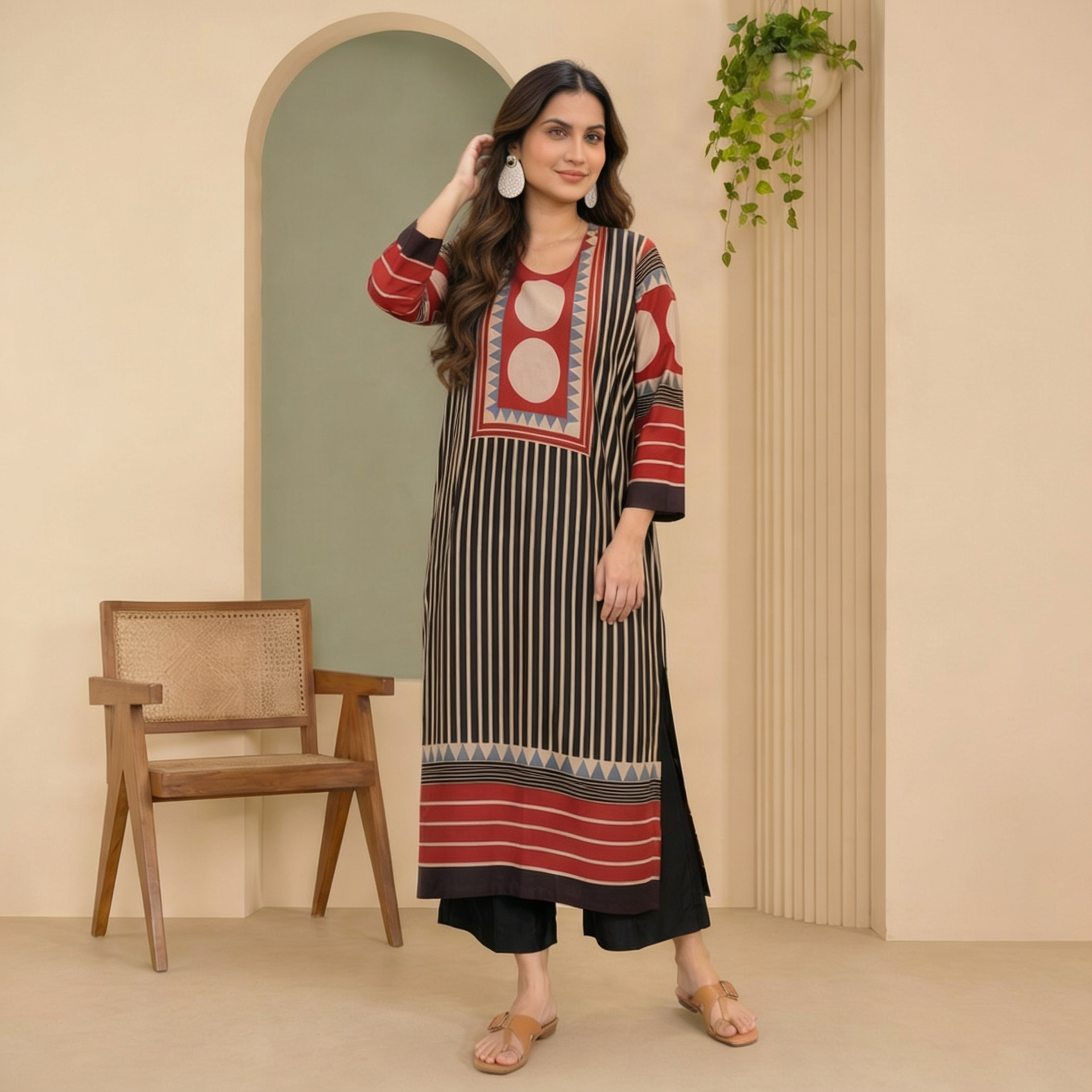 Rust Noir Geometric Printed Straight Kurta Set