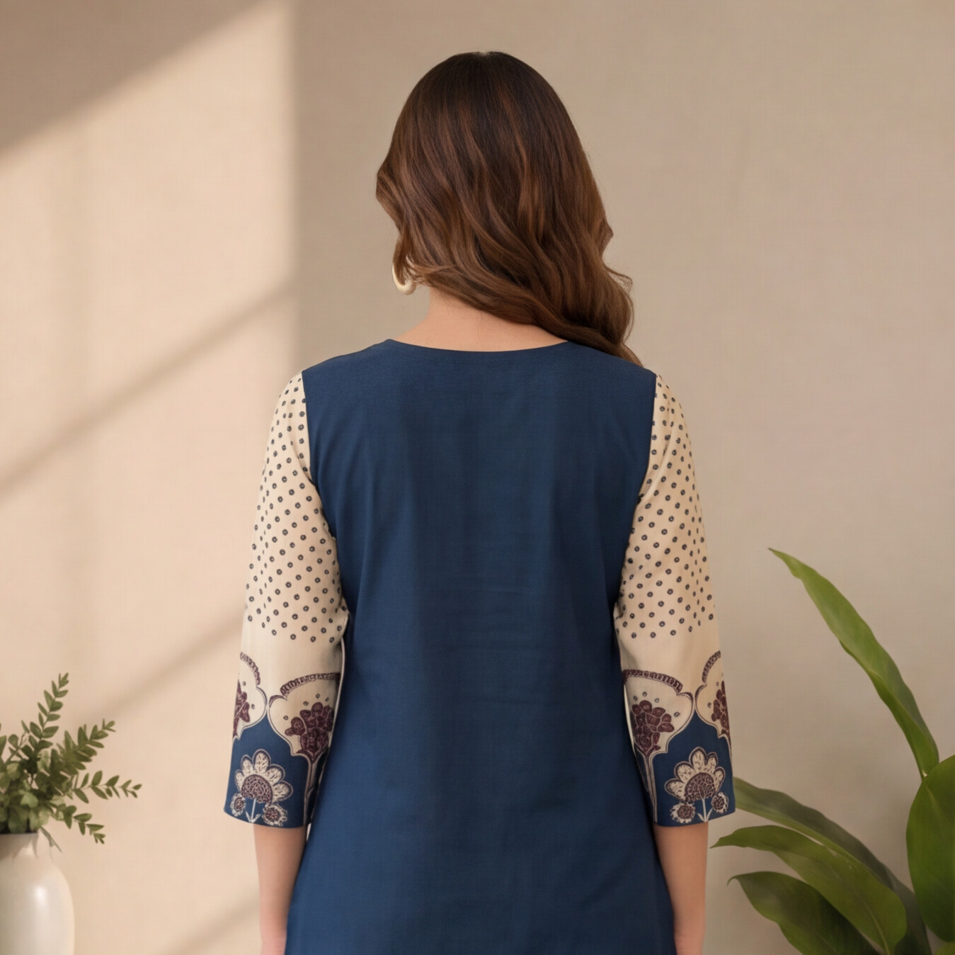 Women's Navy Blue Printed Sleeve Straight Kurta Set