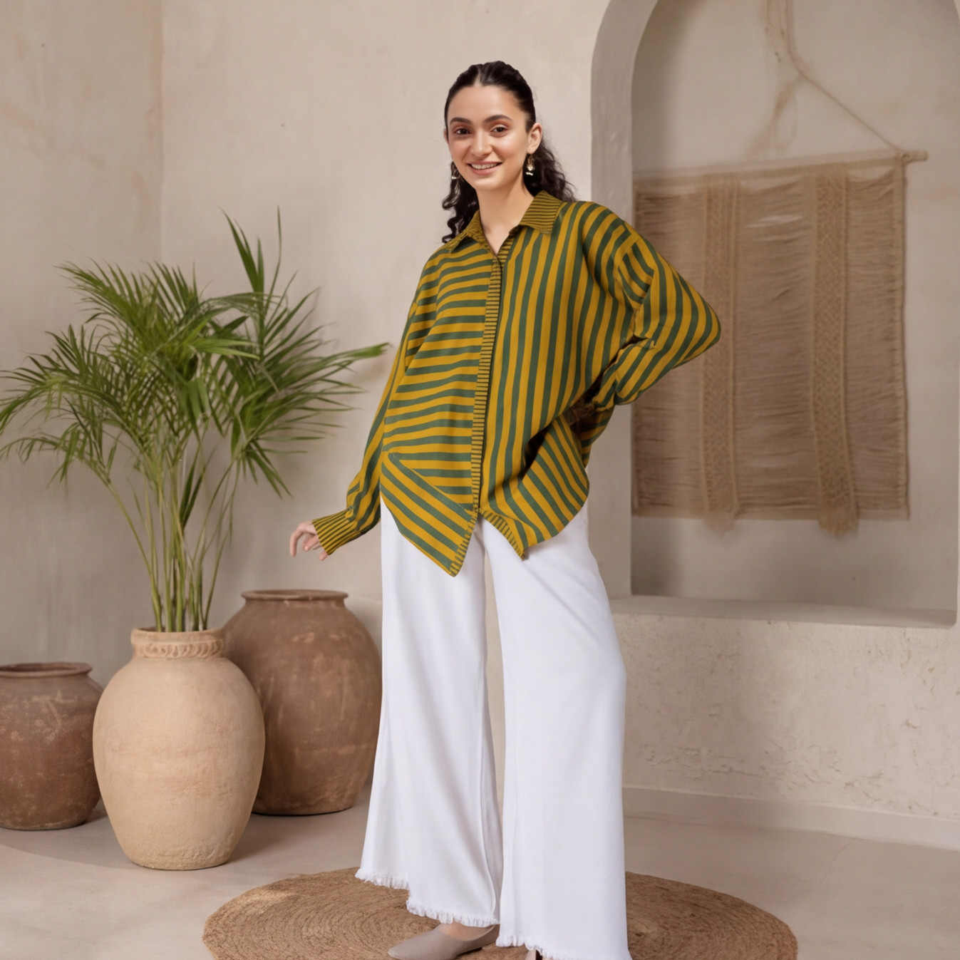 Women's Olive Green & Mustard Striped Oversized Cotton Shirt