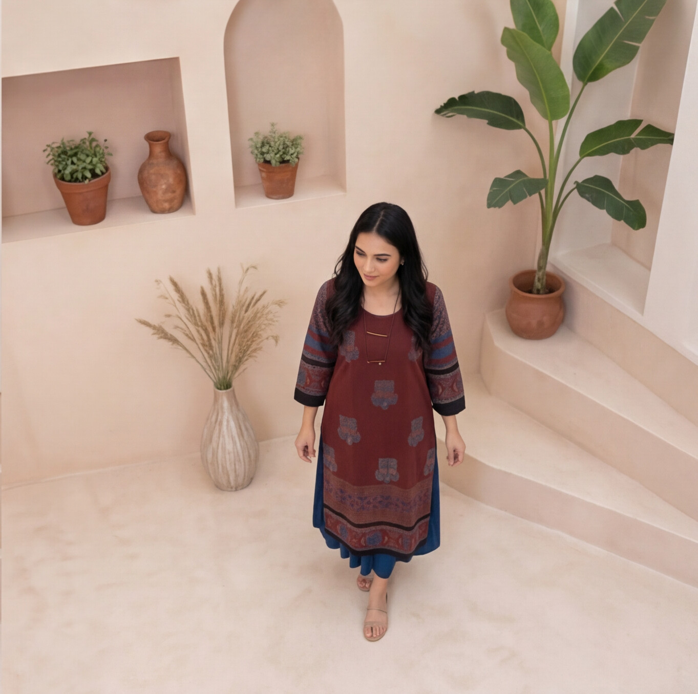 Wine Elegance Printed A-Line Kurta Set