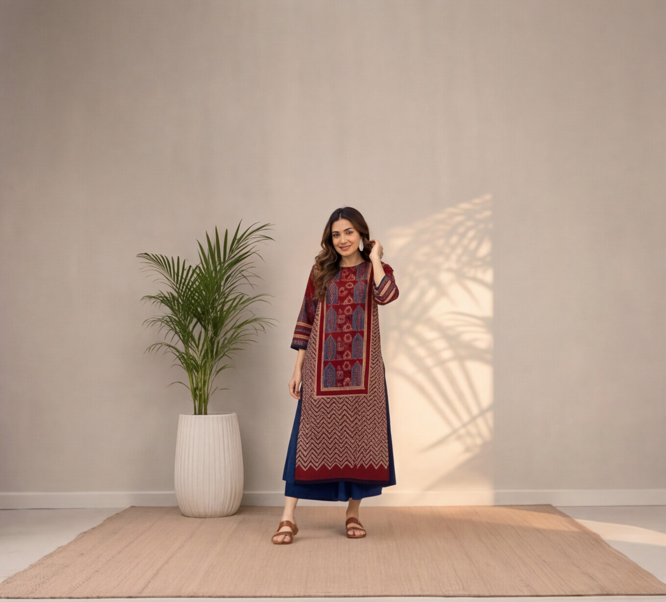 Maroon Geometric Printed Straight Kurta Set with Navy Blue Palazzo